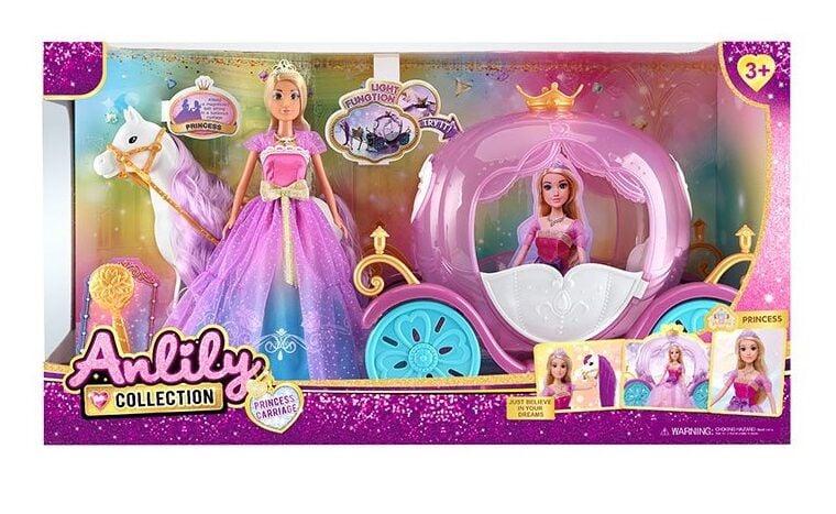 Лялька з каретою 616853 (6) підсвічування, висота ляльки 30 см, шарнірні кінцівки, намисто, корона, кінь із сідлом, карета,