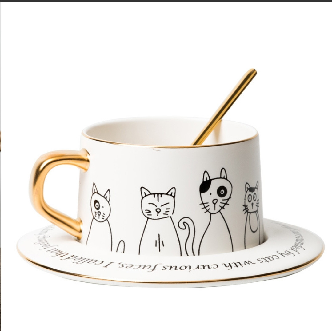 Кухоль із блюдцем і ложкою кераміка набір чашка та блюдце з котами оригінальний подарунок, фото 1