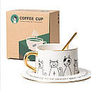 Кухоль із блюдцем і ложкою кераміка набір чашка та блюдце з котами оригінальний подарунок, фото 2