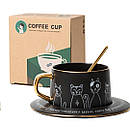 Кухоль із блюдцем і ложкою кераміка набір чашка та блюдце з котами оригінальний подарунок, фото 3