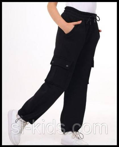 Дитячі спортивні штани 3-х нитка на флісі накладна кишеня на зріст 152-158 (розмір 14), фото 1