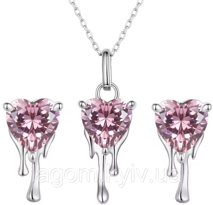 Комплект срібних прикрас з рожевим сердечком 925 проба "Heart Crystal" (кулон і сережки), фото 1