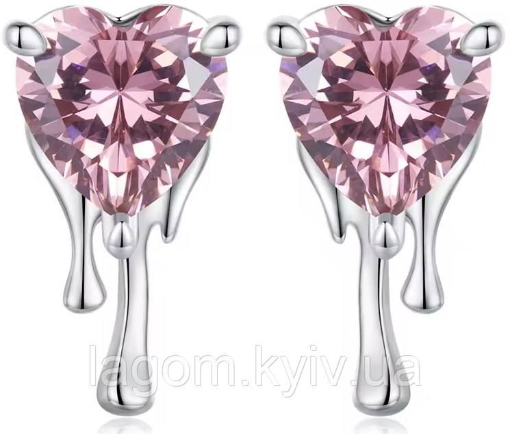Сережки-гвіздочки "Heart Crystal" 925 проба кульчики-пусети рожеві сердечки, фото 1