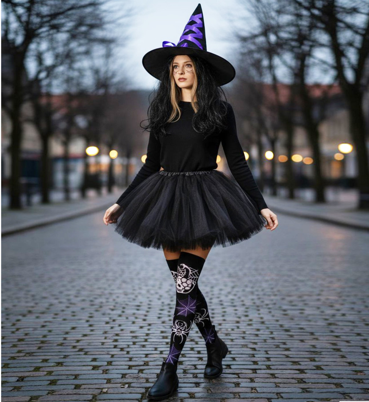 Костюм відьма на Хеллоуїн капелюх. спідниця, панчохи, парик, макіяж, фото 1