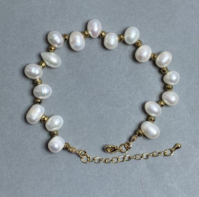 Браслет Річкові перли 9х11мм+- Гематит гранована кулька 3,5х3мм+- L- 19см+5см+- подовжуючий ланцюжок, фото 1