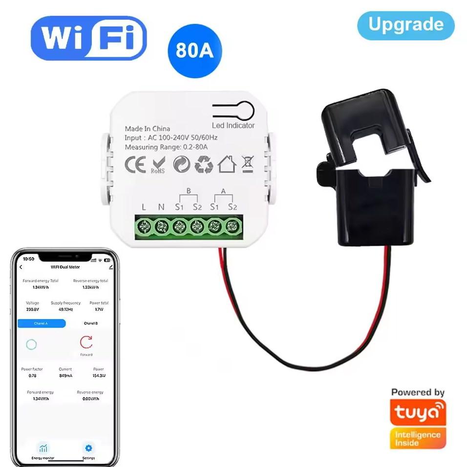 Лічильник електроенергії WiFi на 80A Tuya Smart Life з однією кліпсою на 1 фазу, фото 1