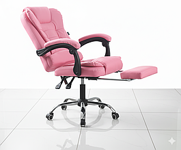 Крісло жіноче офісне стілець на колесах, офісне крісло для дівчини керівника що крутиться з підставкою для ніг Рожеве