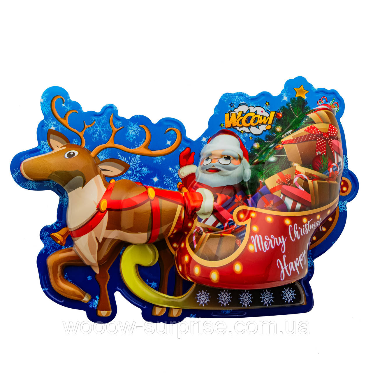 Фігурка пластикова з цукерками та сюрпризом для дівчинки та хлопчика Новорічний Санта з оленем 70г, фото 1