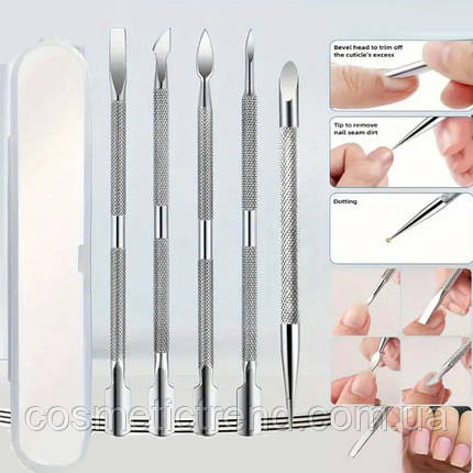 Набор лопатки/пушери двосторонні для видалення кутили (манікюр і педикюр) 5 шт.+кейс пластиковий, фото 1