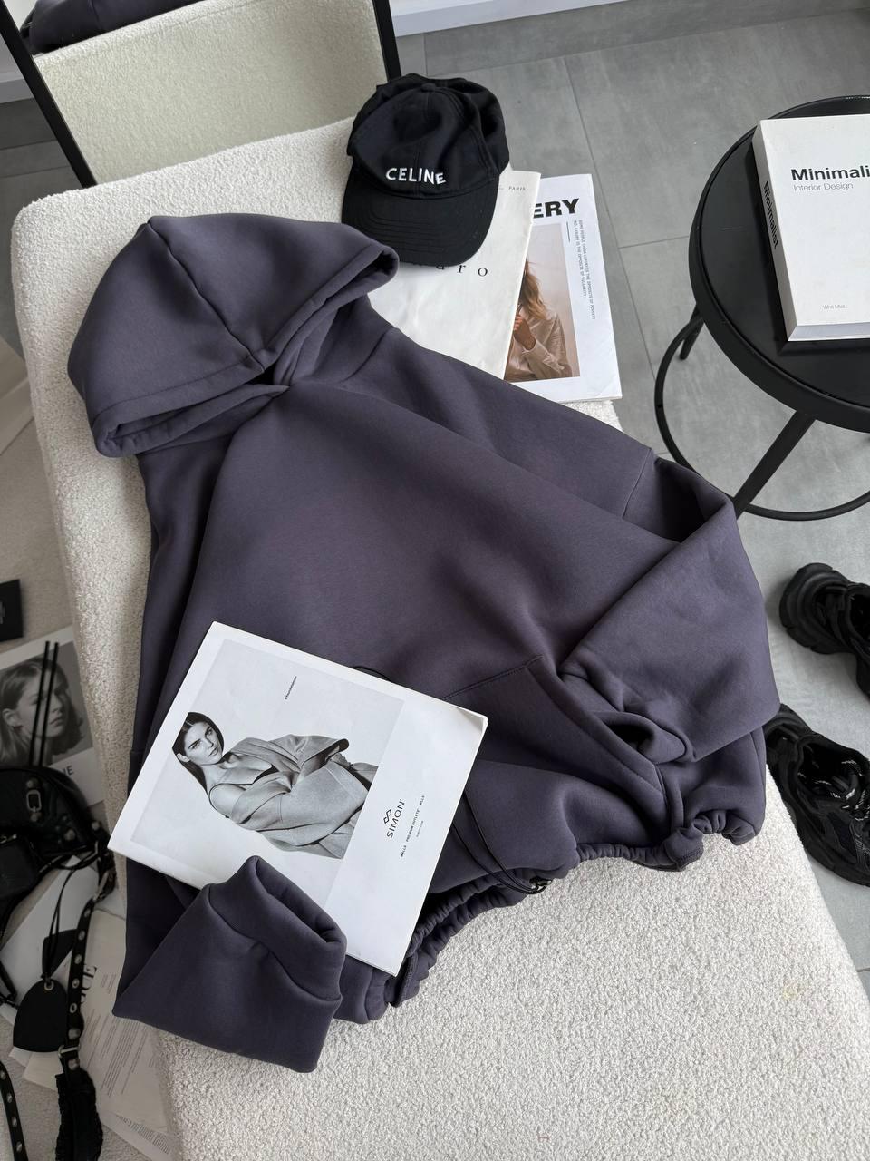 Тепле графітове жіноче худі з турецької тринитки на флісі з подвійним капюшоном, фото 1