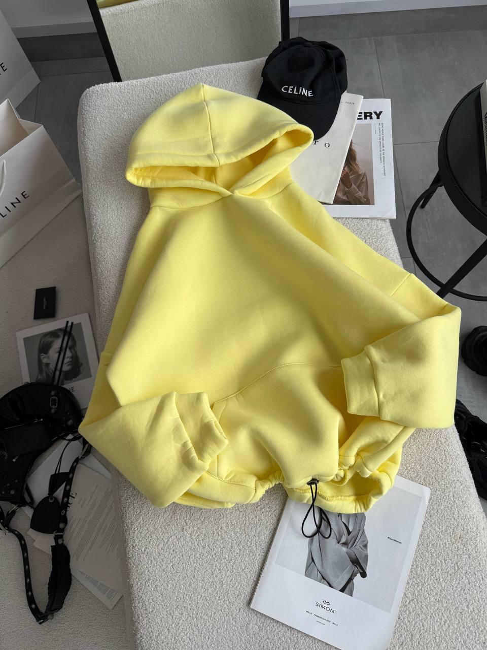 Тепле жовте жіноче худі з турецької тринитки на флісі з подвійним капюшоном, фото 1