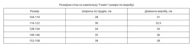 Камізелька Гомін таблиця розмірів