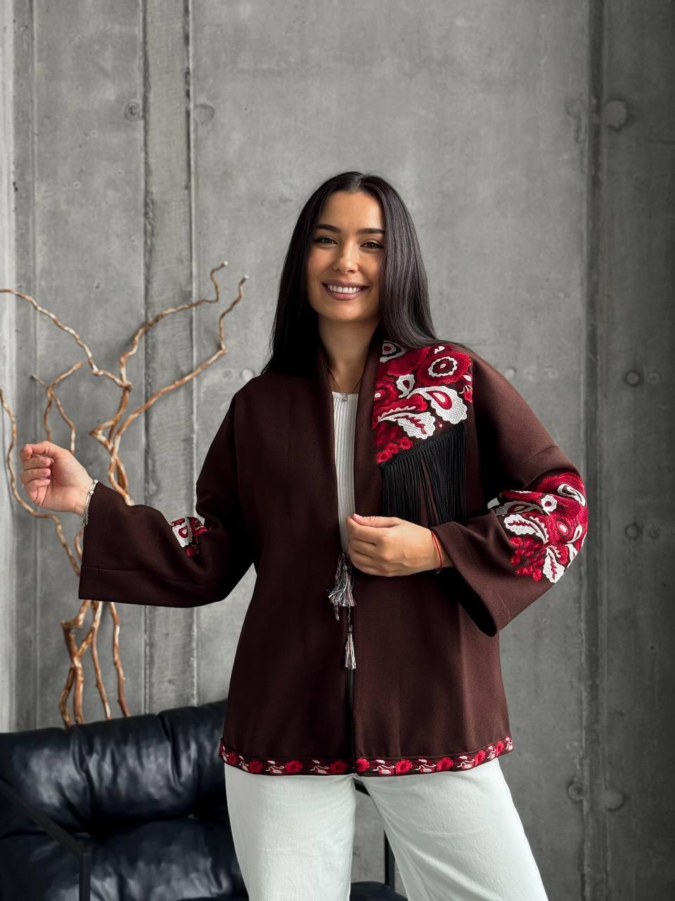 Вишитий жіночий жакет шоколадного кольору, фото 1