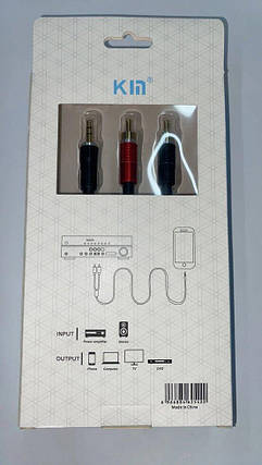 Аудіо кабель Kin KY-180 Nylon Aux 3.5 mm – 2xRCA (тюльпан) 1 метр, фото 2