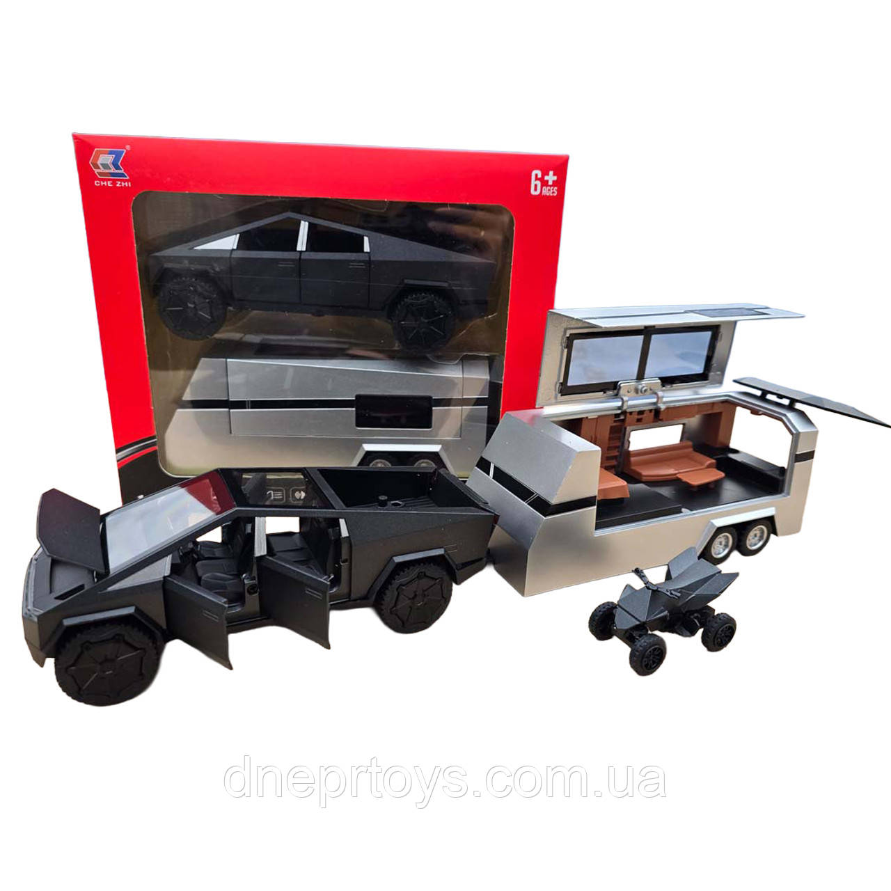 Машинка метал Tesla Cybertruck з прич-кемпером та квадр чорна Тесла 1:32 звук світло 17,5*6*6,5см (CZ 58 B), фото 1