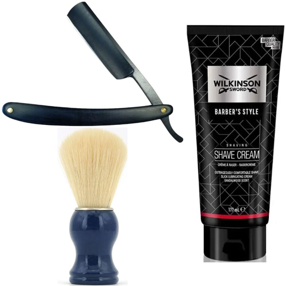 Небезпечна бритва/шавета розкладна Straight Razor + помазок SHIMA синій + крем для гоління Wilkinson Sword Barber's Style Shave, фото 1