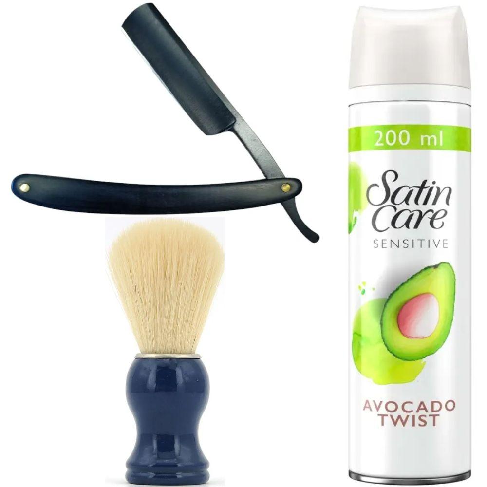 Небезпечна бритва/шавета розкладна Straight Razor + помазок SHIMA синій + гель для гоління Gillette Satin Care Gel Avocado 200 мл, фото 1