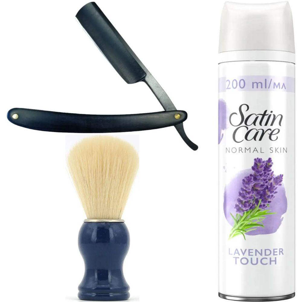 Небезпечна бритва/шавета розкладна Straight Razor + помазок SHIMA синій + гель для гоління Gillette Satin Care Gel Lavender 200 мл, фото 1