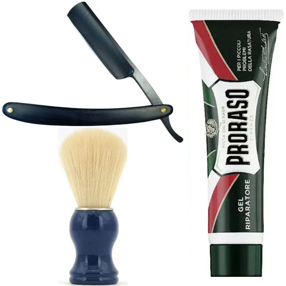 Небезпечна бритва/шавета розкладна Straight Razor + помазок SHIMA синій + гель від порізів Proraso Razor Cut Repair Gel, фото 1