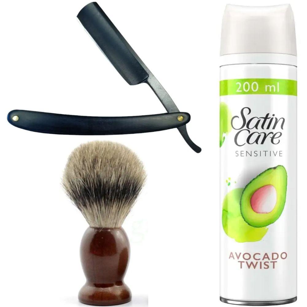 Небезпечна бритва/шавета розкладна Straight Razor + помазок SHIMA + гель для гоління Gillette Satin Care Gel Avocado 200 мл, фото 1