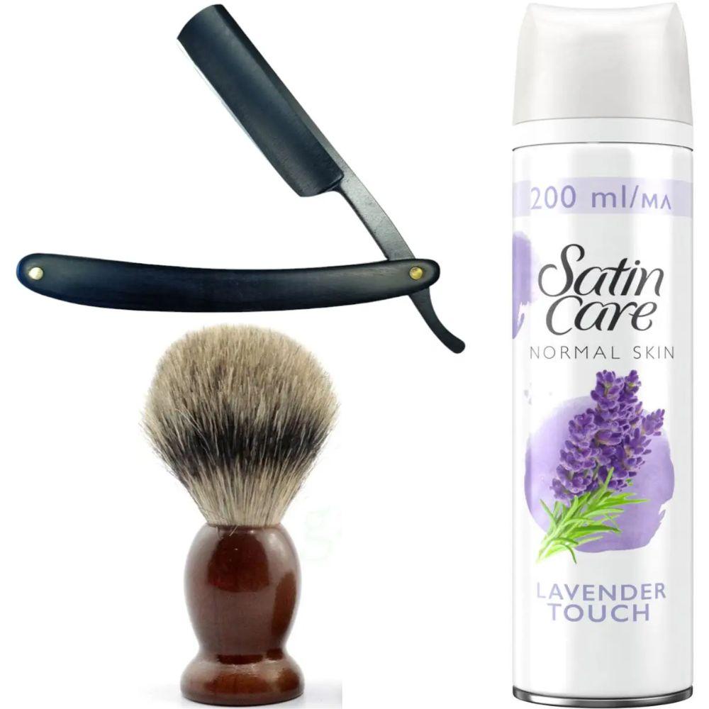 Небезпечна бритва/шавета розкладна Straight Razor + помазок SHIMA + гель для гоління Gillette Satin Care Gel Lavender 200 мл, фото 1