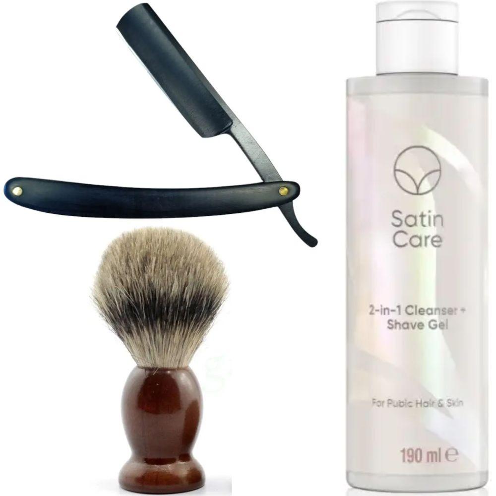 Небезпечна бритва/шавета розкладна Straight Razor + помазок SHIMA + гель для гоління Gillette Venus Venus Satin Care 2 в 1, фото 1