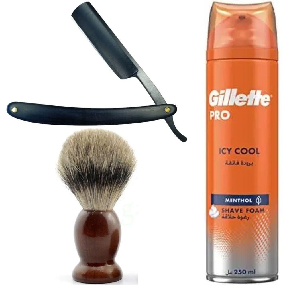 Небезпечна бритва/шавета розкладна Straight Razor + помазок SHIMA + піна для гоління Gillette Pro Icy Cool з ментолом, фото 1