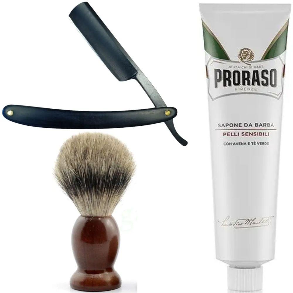 Небезпечна бритва/шавета розкладна Straight Razor + SHIMA + крем для гоління Proraso для чутливої шкіри з зеленим чаєм, фото 1