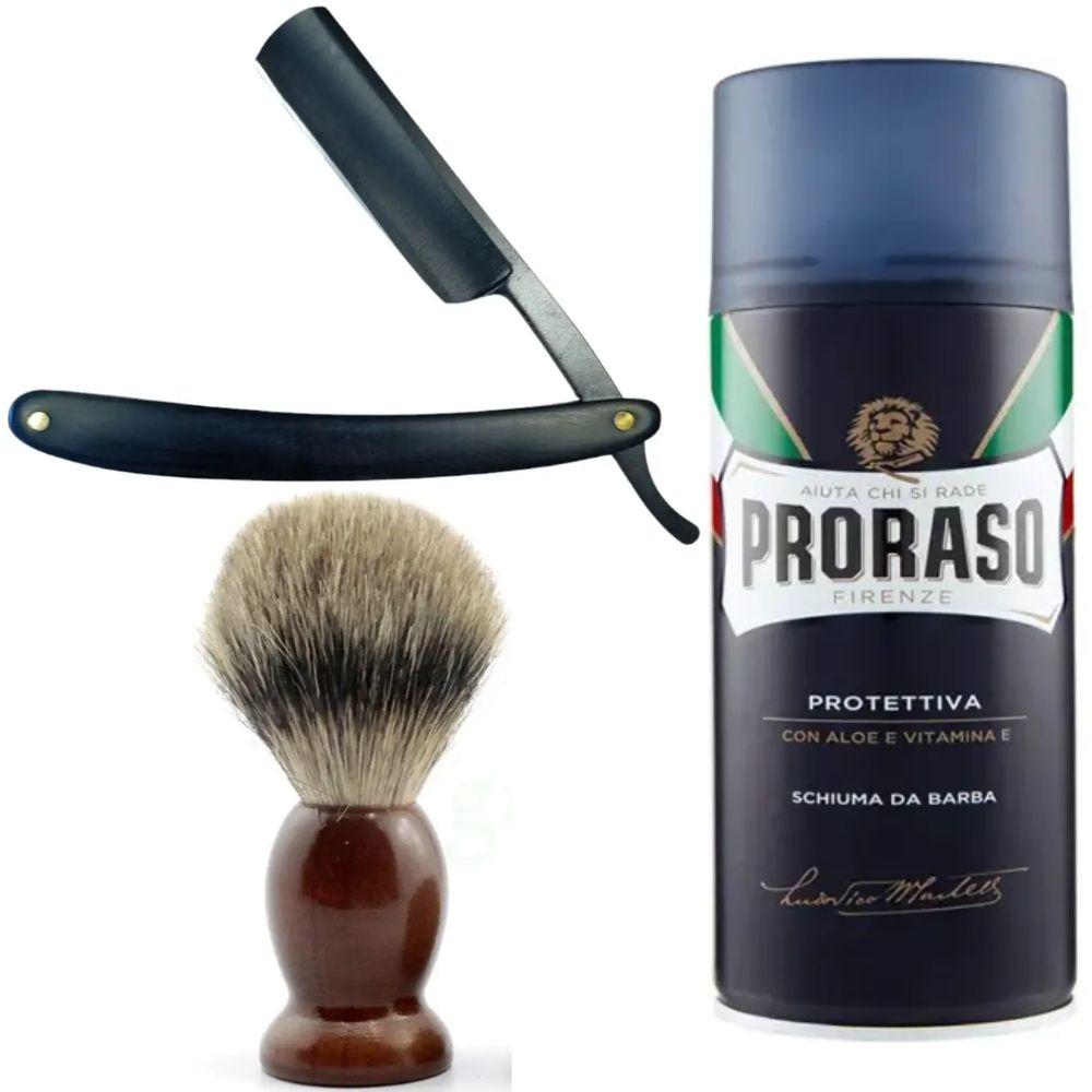 Небезпечна бритва/шавета розкладна StraightRazor + помазок SHIMA + піна для гоління Proraso з екстрактом алое та вітаміном Е, фото 1