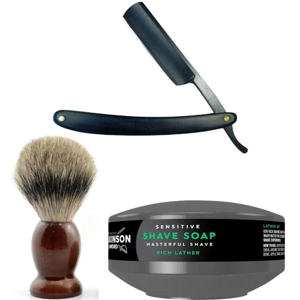 Небезпечна бритва/шавета розкладна Straight Razor + помазок SHIMA + мило для гоління Wilkinson Sword для чутливої шкіри 125г, фото 1