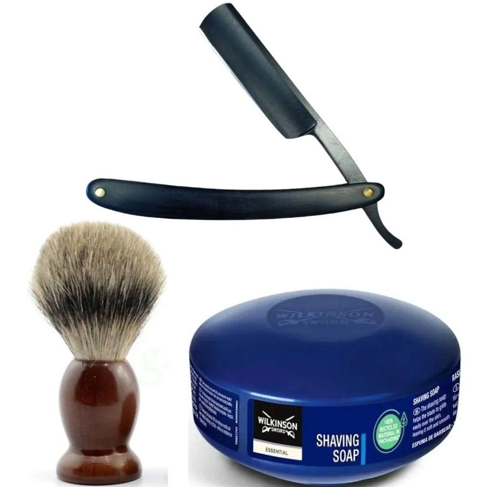 Небезпечна бритва/шавета розкладна Straight Razor + помазок SHIMA + мило для гоління Wilkinson Essential 125г, фото 1