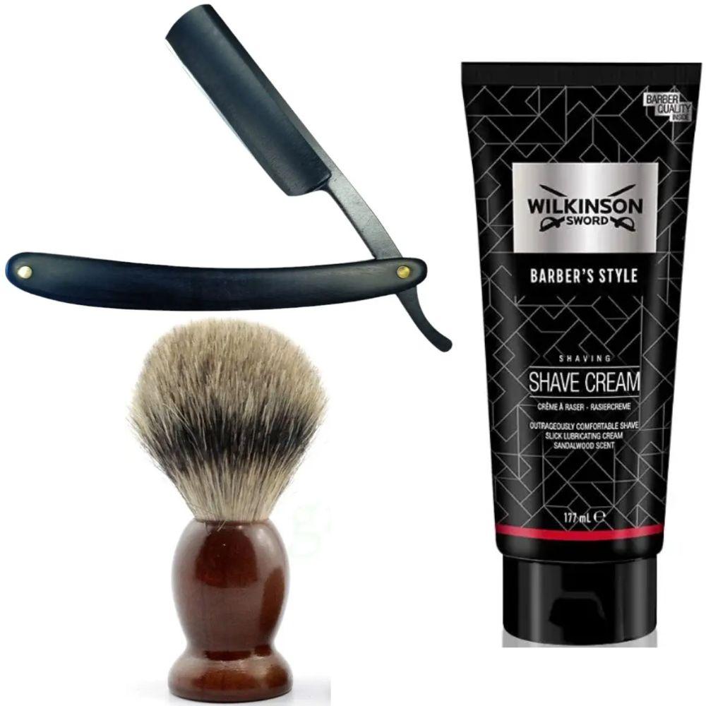 Небезпечна бритва/шавета розкладна Straight Razor + помазок SHIMA синій + крем для гоління Wilkinson Sword Barber's Style Shave, фото 1