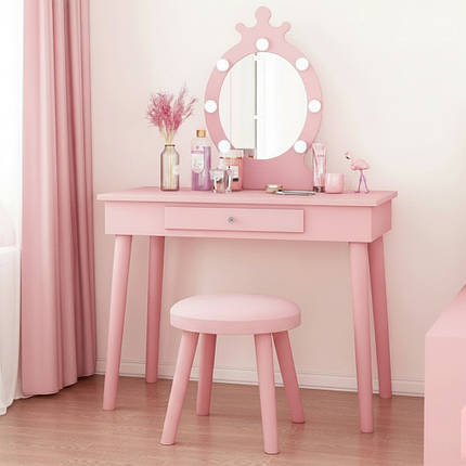 Туалетний столик з дзеркалом, табуретом і LED підсвіткою Bonro B-084 рожевий (косметичний стіл для макіяжу), фото 1