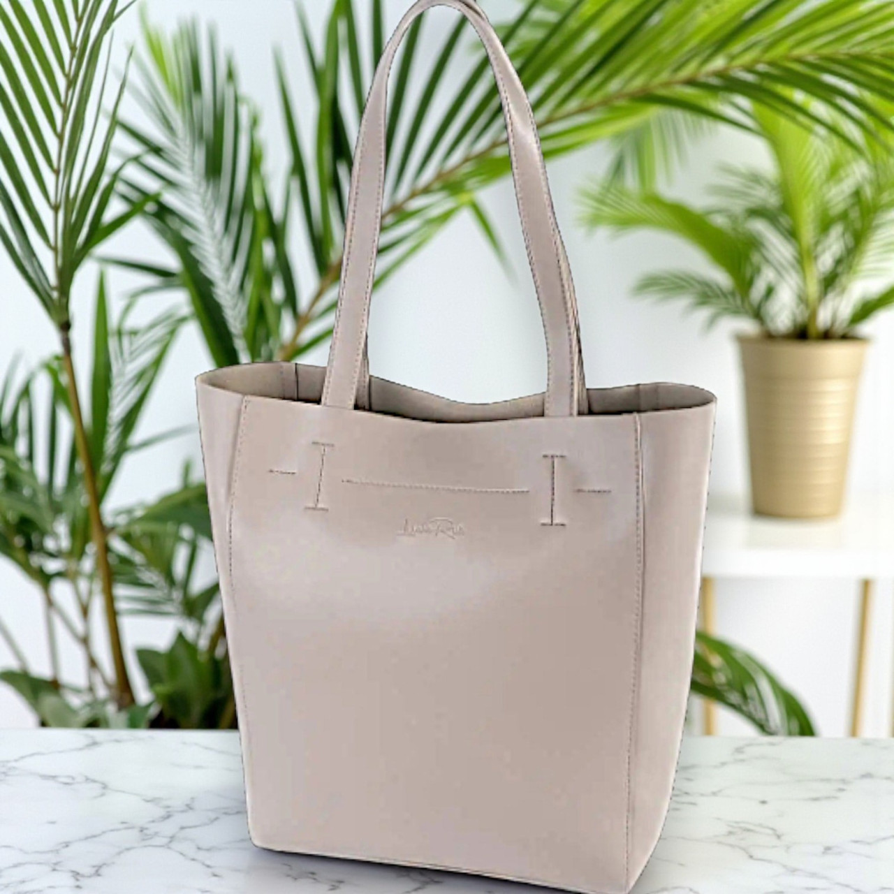 Велика жіноча сумка шоппер на плече бежева містка з екошкіри, фото 1