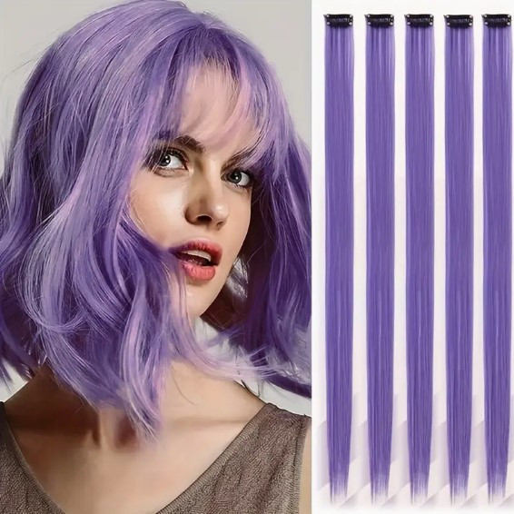 Накладні пасма на шпильках-кліпсах для волосся 55,8 см 5 шт Бузковий, фото 1