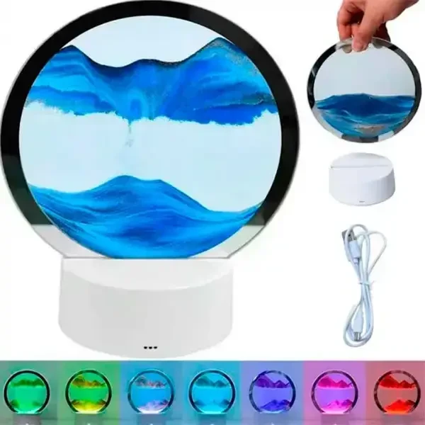 Пісочний годинник 3D зі світлодіодною RGB-підсвіткою на підставці 7 режимів підсвітка Синій, нічник рухомий пісок