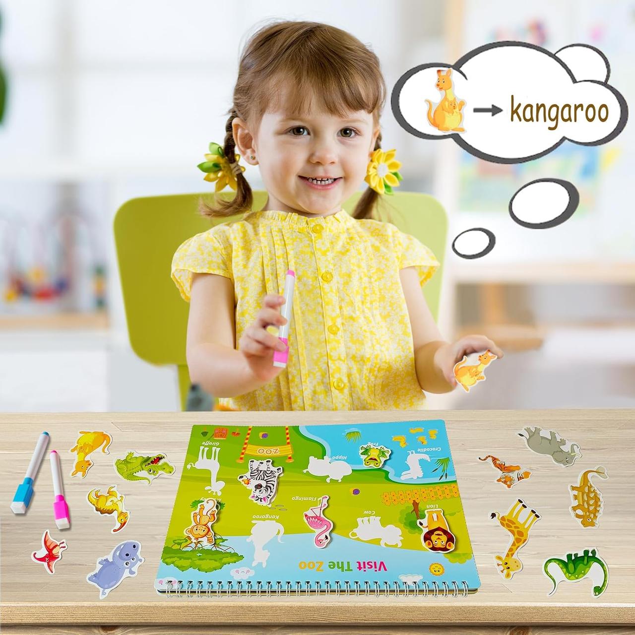 Логічна книжка з маркерами пиши стирай із картками наклейками Розвивальний бізібук для дітей від 3 років англійські слова, фото 1