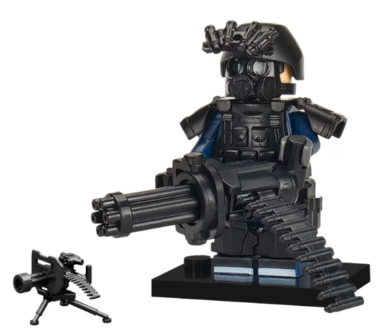 Мініфігурка бійця спецназа з мініганом, патронною стрічкою та верстатом чорний-синій для Lego Лего