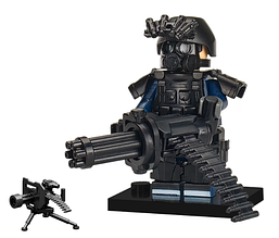 Мініфігурка бійця спецназа з мініганом, патронною стрічкою та верстатом чорний-синій для Lego Лего