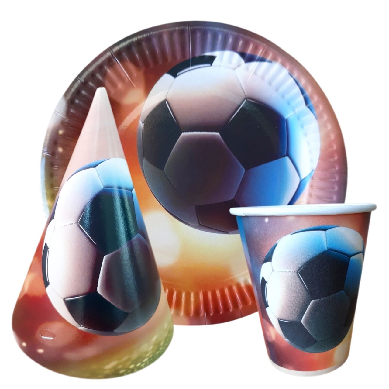 Набір тематичной посуди "Футбол". Тарілки: 10шт. Стаканов: 10шт. Ковпаків: 10шт.