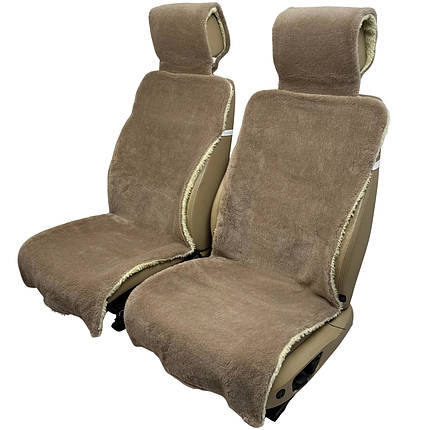 Хутряні накидки універсальні чохли - майки на передні сидіння авто з овчини (Еко-хутро) темно-бежеві, фото 1