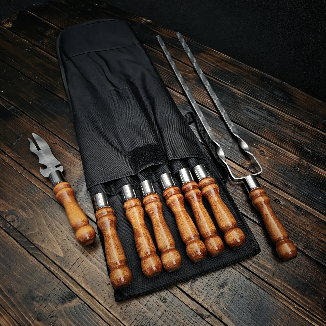 Набір шампурів + подвійний шампур та виделка "RED" в чохлі, фото 1