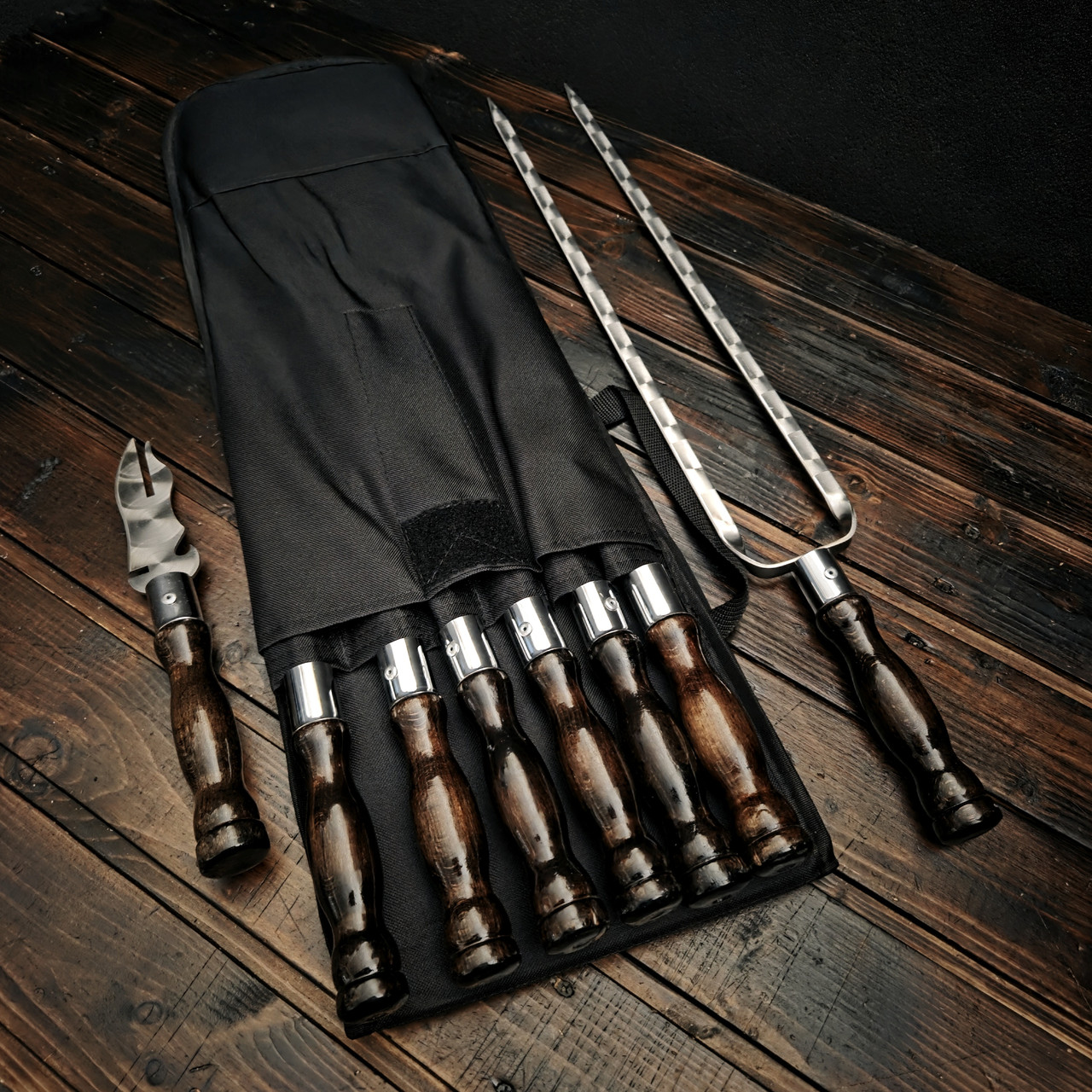 Набір шампурів + подвійний та виделка «Brown" в чохлі, фото 1