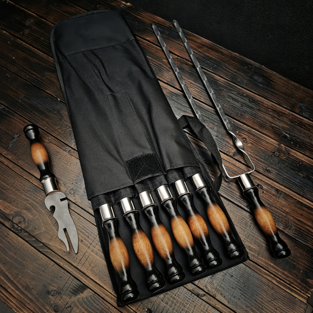 Набір шампурів + подвійний та виделка «Люкс" в чохлі, фото 1