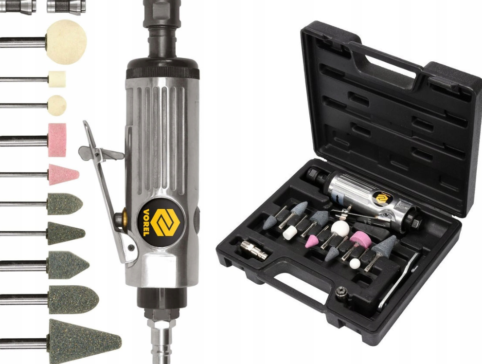 Шліфмашина пневматична пряма VOREL 81109 1/4" 3 і 6 мм 22000 об/хв 198 л/хв + насадки + кейс
