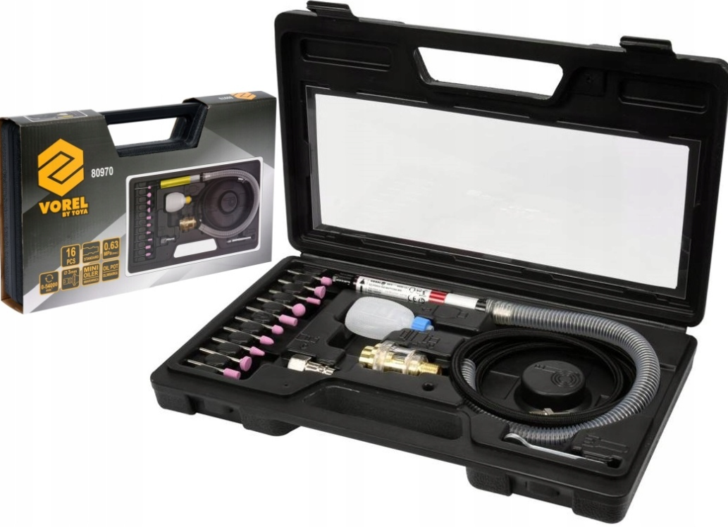 Шліфмашина пневматична VOREL 80970 1/4" 3 мм 54000 об/хв + насадки + кейс