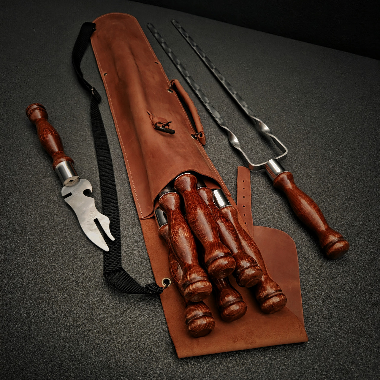 Набір шампурів у шкіряному чохлі "Кажан Cherry", фото 1