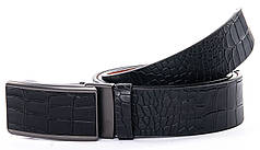 Чоловічий ремінь шкіряний пряжка автомат ширина 3,5 см чорний натуральна шкіра під рептилію D36-7172