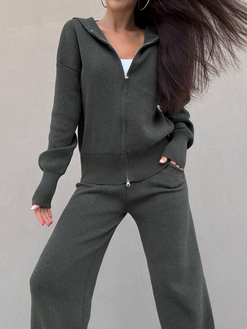Жіночий теплий костюм кофта на блискавці з капюшоном і прямі штани на високій посадці (р. 42-46) 9KO3938, фото 1