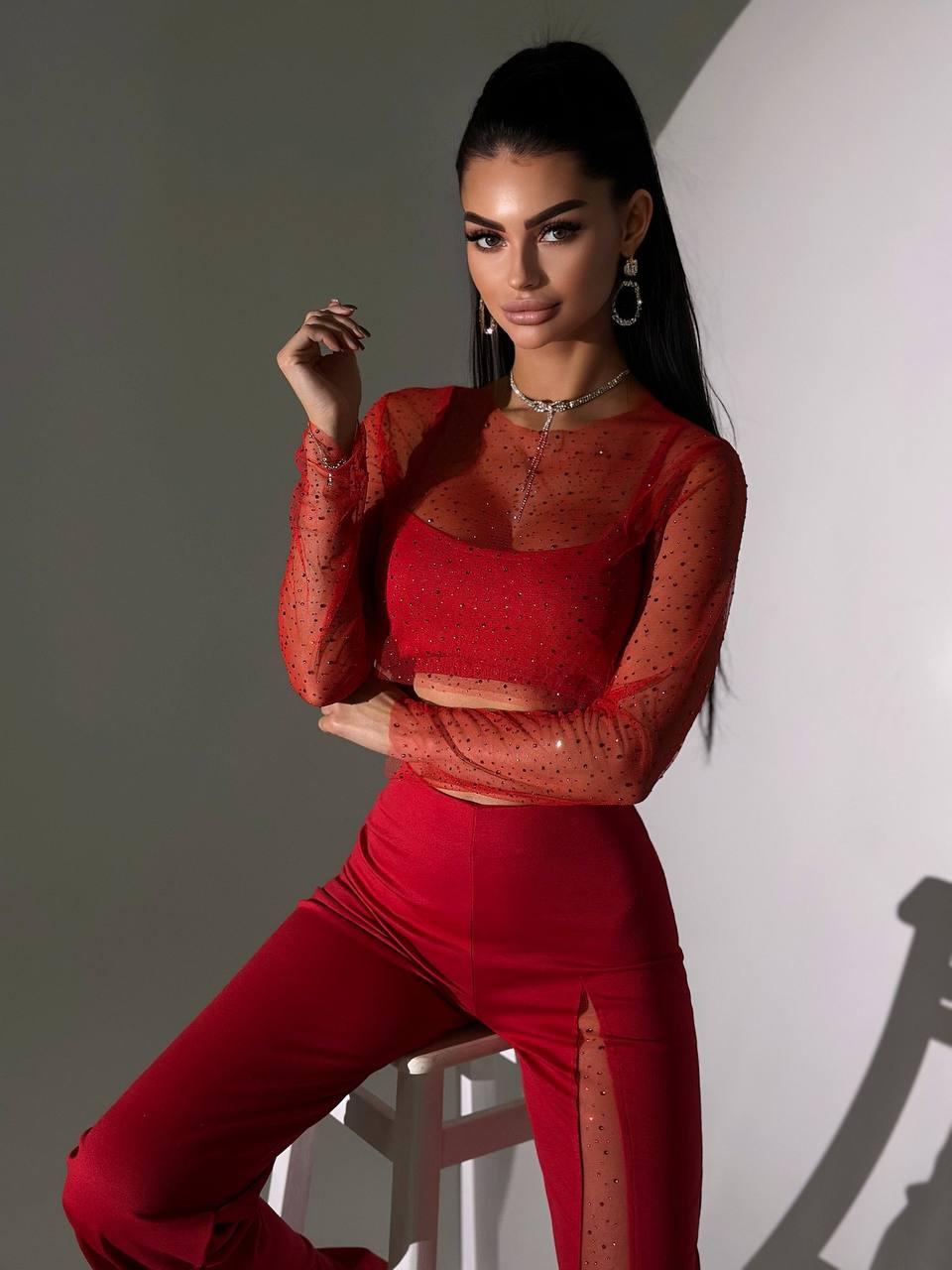 Жіночий вечірній костюм розкльошені штани та топ зі вставками із сітки та страз (р. 42, 44) 66KO3940Е, фото 1